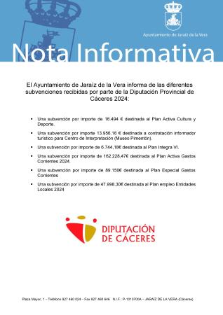 Imagen Subvenciones recibidas por parte de Diputación de Cáceres - 1º Trimestre 2024