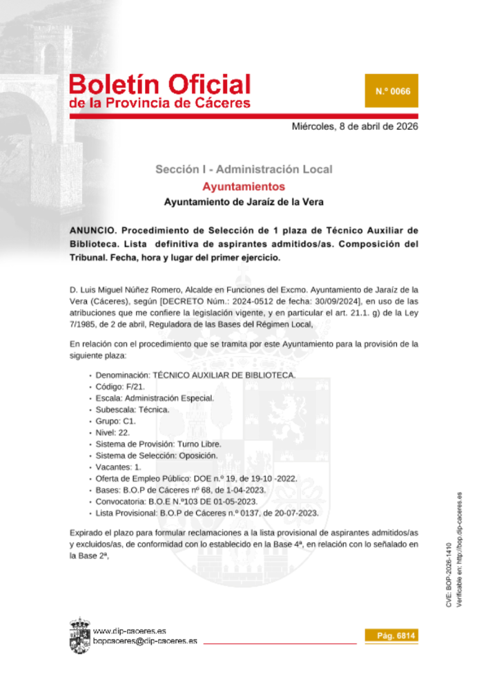 Imagen Procedimiento de Selección de 1 plaza de Técnico Auxiliar de Biblioteca