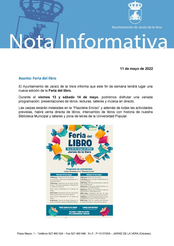 Imagen Nueva edición de la Feria del libro. El viernes 13 y sábado 14 de mayo.