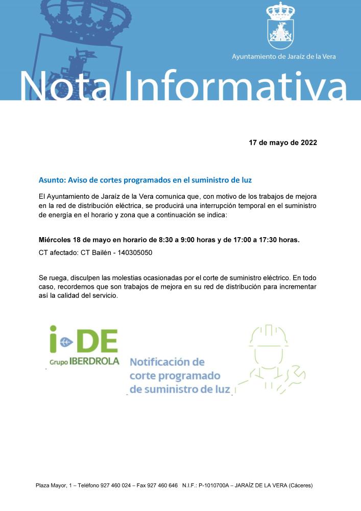 Imagen Aviso de cortes programados en el suministro de luz