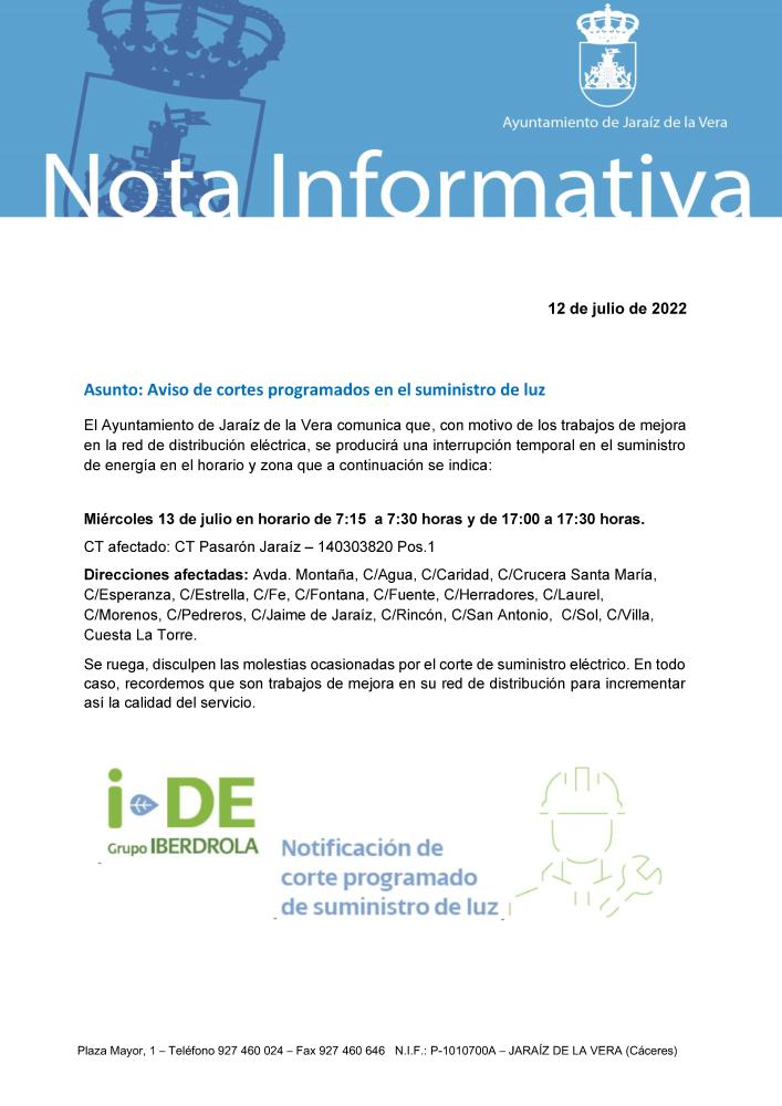 Imagen Aviso de cortes programados en el suministro de luz 13 de julio