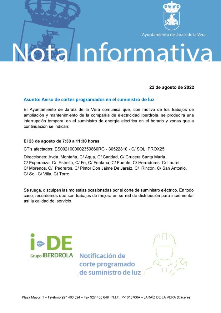 Imagen Aviso de cortes programados en el suministro de luz 23 DE AGOSTO