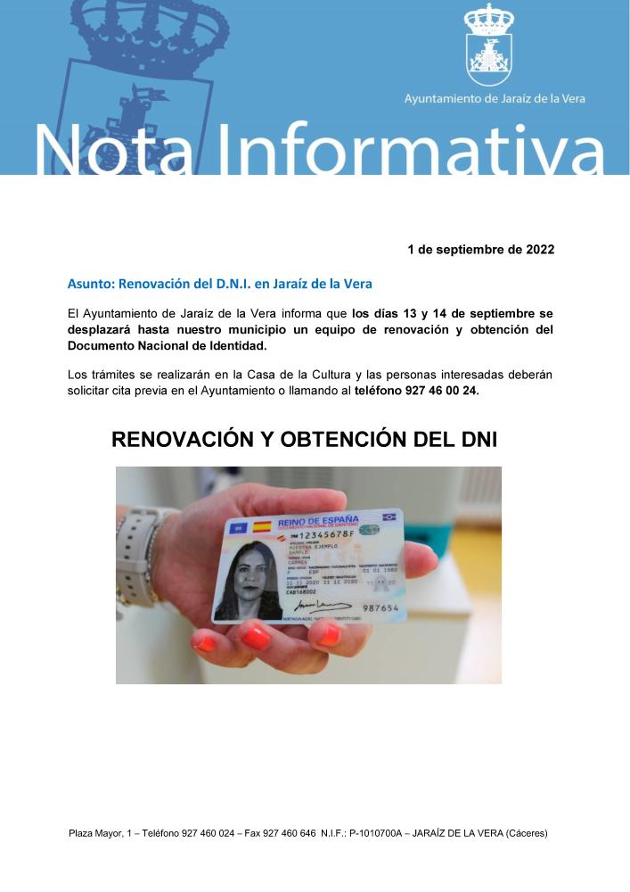 Imagen Renovación del D.N.I. 13 y 14 de septiembre en Jaraíz de la Vera.