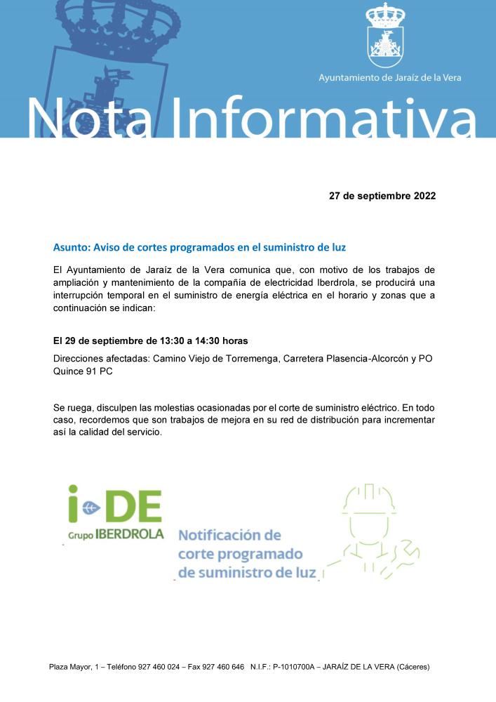 Imagen Aviso de cortes programados en el suministro de luz 29 de septiembre