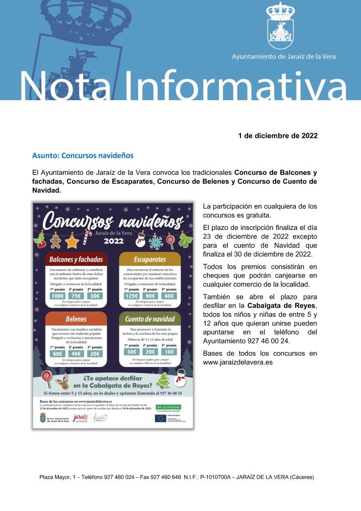 Imagen El Ayuntamiento de Jaraíz de la Vera convoca los tradicionales Concurso de Balcones y fachadas, Concurso de Escaparates, Concurso de Belenes y Concurso de Cuento de Navidad.