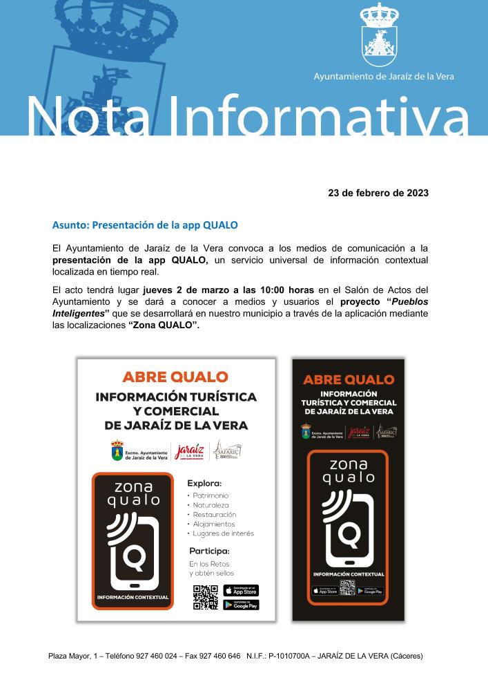 Imagen Presentación de la app QUALO el jueves 2 de marzo a las 10:00 horas en el Salón de Actos del Ayuntamiento y se dará a conocer a medios y usuarios el proyecto “Pueblos Inteligentes”