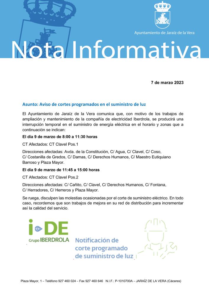 Imagen Aviso de cortes programados en el suministro de luz 9 de marzo