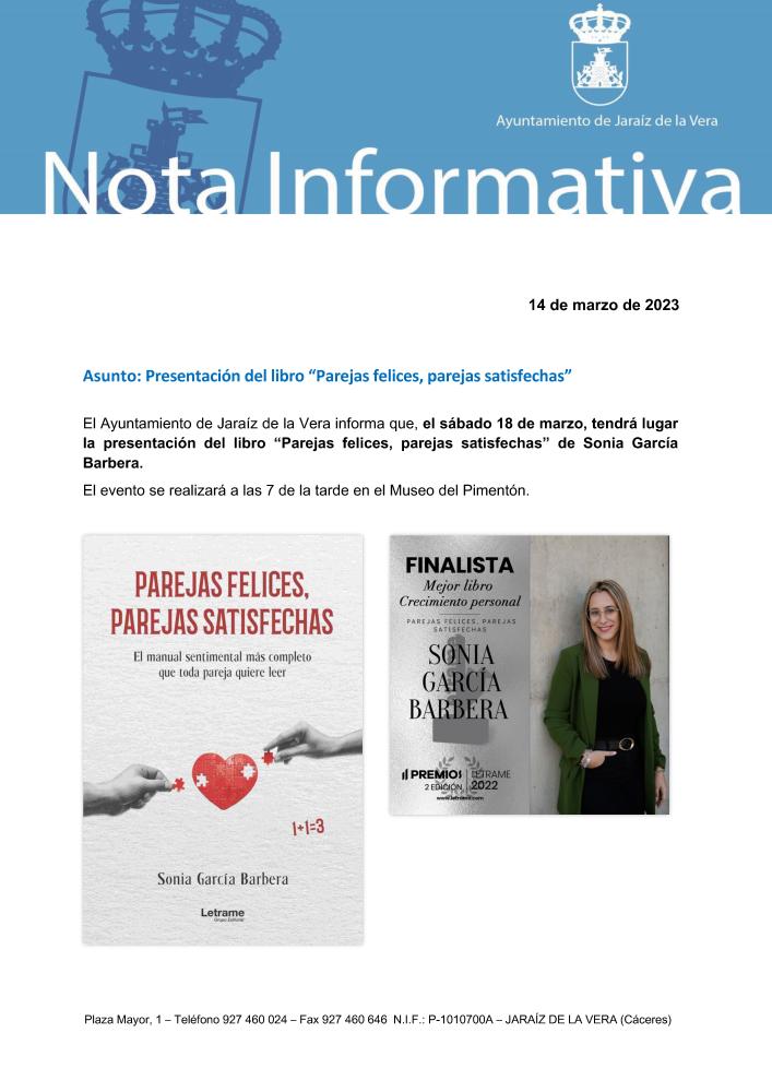 Imagen El sábado 18 de marzo, tendrá lugar la presentación del libro “Parejas felices, parejas satisfechas” de Sonia García Barbera.