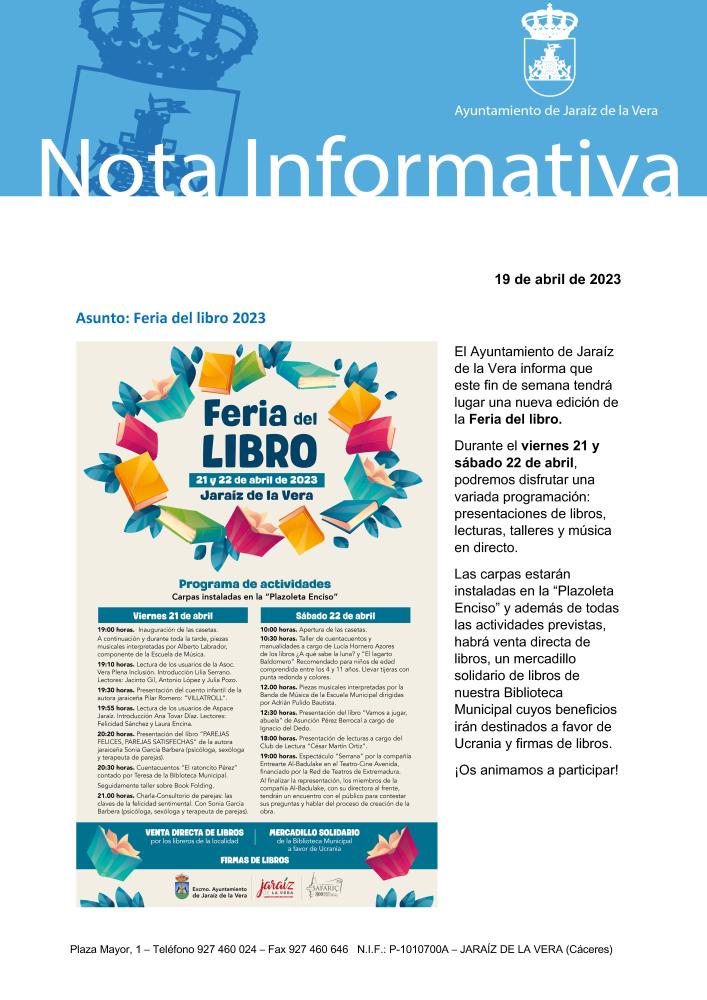 Imagen Feria del libro. Durante el viernes 21 y sábado 22 de abril.