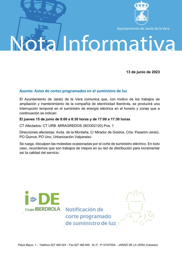 Imagen Aviso de cortes programados en el suministro de luz. El jueves 15 de junio de 8:00 a 8:30 horas y de 17:00 a 17:30 horas