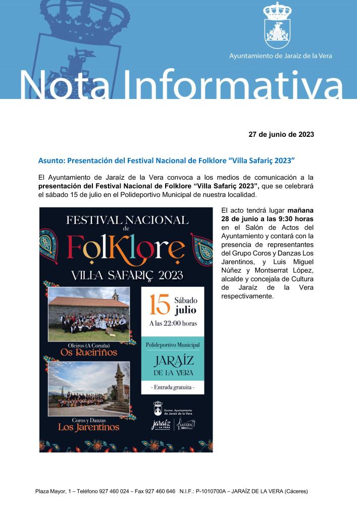 Imagen Presentación del Festival Nacional de Folklore “Villa Safariç 2023”