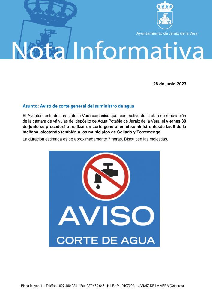 Imagen Aviso de corte general del suministro de agua el viernes 30 de junio.