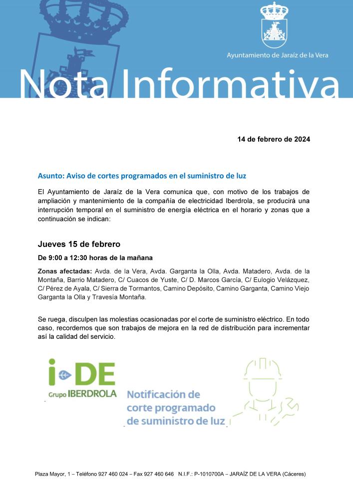 Imagen Cortes programados de luz - 15 de febrero