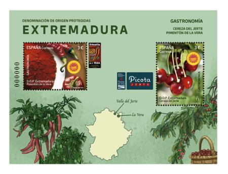 Imagen La Fábrica de Moneda y Timbre estampará un sello dedicado a la Gastronomía. D.O.P. Extremadura-2024. Cereza del Jerte y Pimentón de la Vera