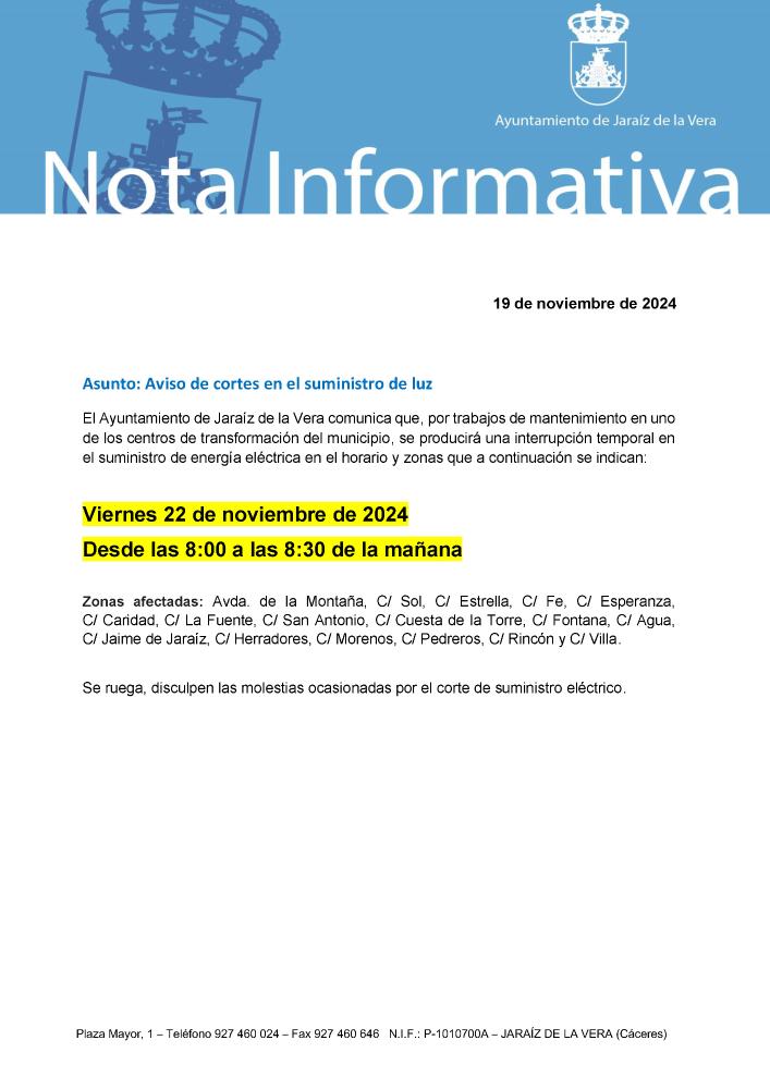 Imagen Aviso de cortes en el suministro de luz