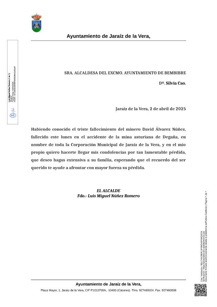 Imagen Condolencias al municipio de Bembibre