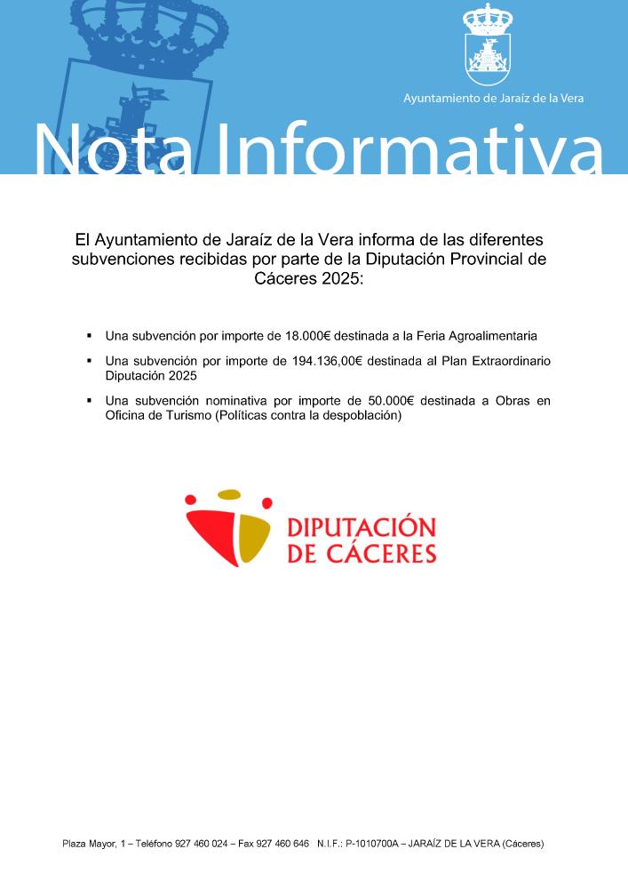 Imagen Subvenciones recibidas por parte de Diputación de Cáceres - 2º y 3er Trimestre 2025