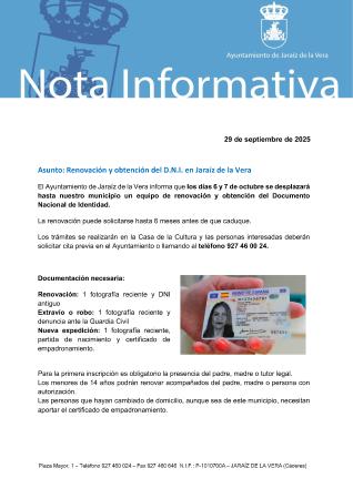 Imagen Renovación y obtención del D.N.I. en Jaraíz de la Vera