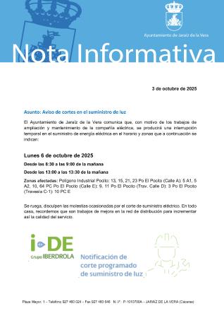 Imagen Aviso de cortes en el suministro de luz