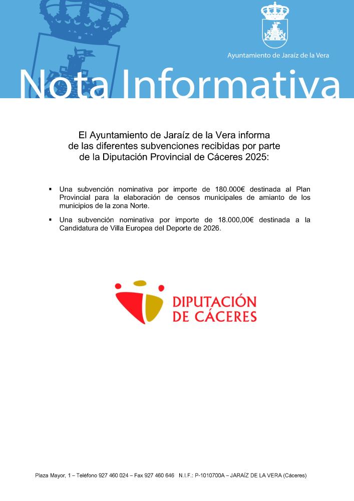 Imagen Subvenciones recibidas por parte de Diputación de Cáceres - 4º Trimestre 2025