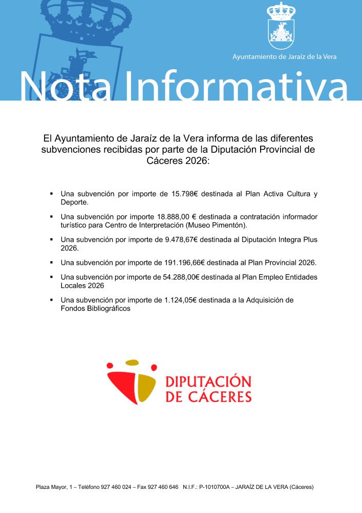 Imagen Subvenciones recibidas por parte de Diputación de Cáceres - 1º Trimestre 2026