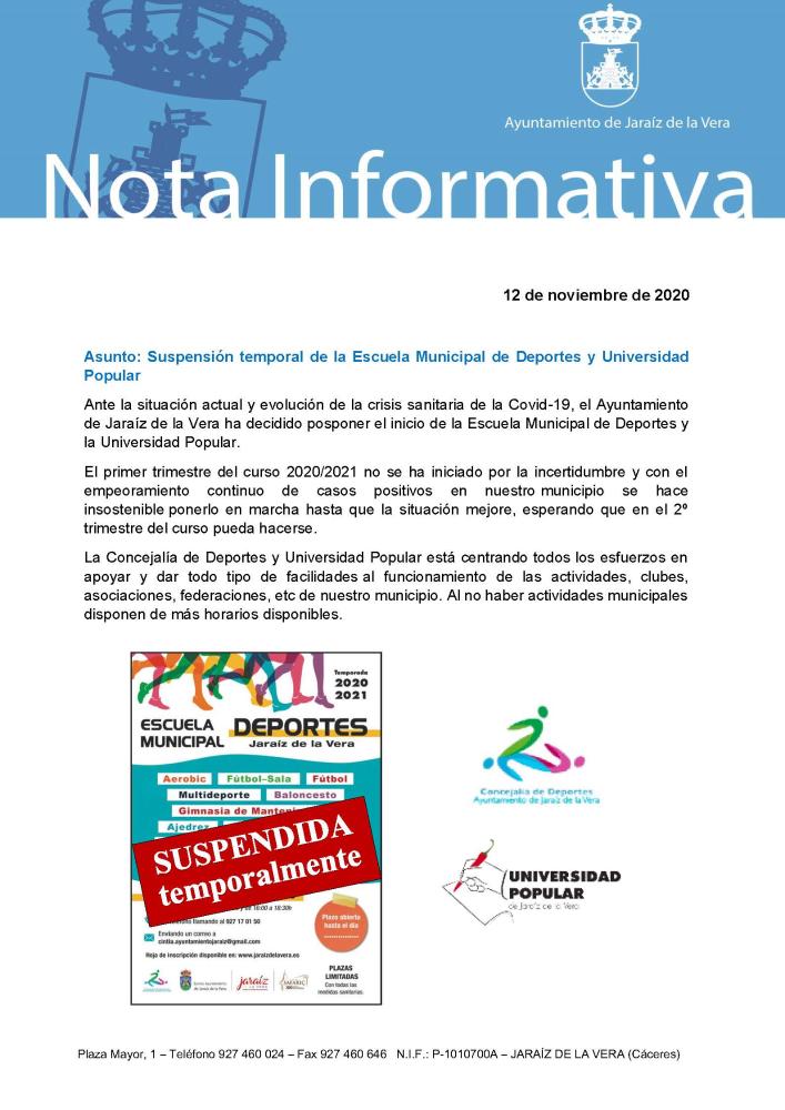 Imagen NOTA INFORMATIVA DE LA ESCUELA MUNICIPAL DE DEPORTES Y UNIVERSIDAD POPULAR