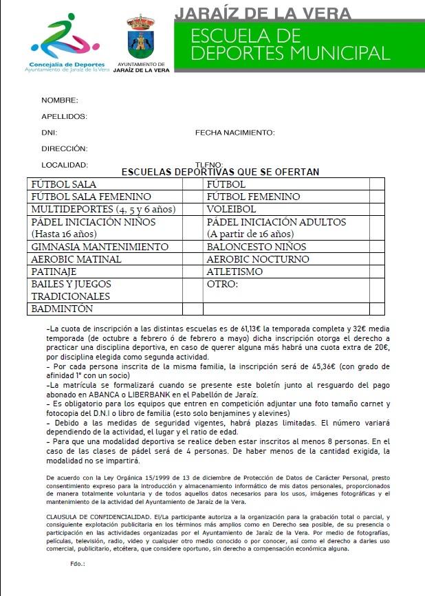 Imagen FICHA DE INSCRIPCIÓN ESCUELAS DEPORTIVAS TEMPORADA 2021/2022